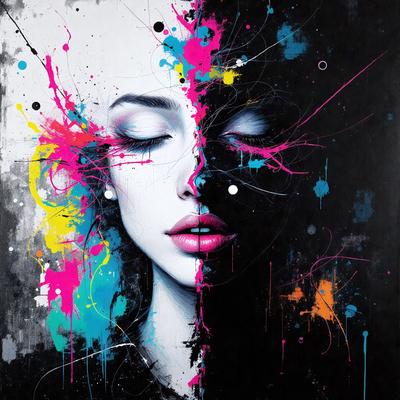 The primary subject of the image is a woman with a black and white face. The setting is a colorful background, which adds a vibrant and lively atmosphere to the scene. The visual style is a combination of digital art and illustration, creating a unique and artistic representation of the woman. The dominant colors are black and white, with the background featuring a variety of colors, such as pink, yellow, and blue.